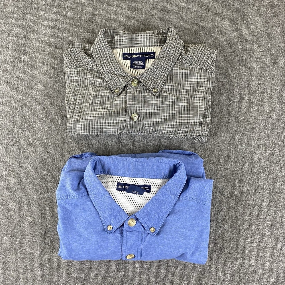 ExOfficio Men's XL Vented Fishing Shirts Lot of 2 Blue & Gray Plaid Long Sleeve
